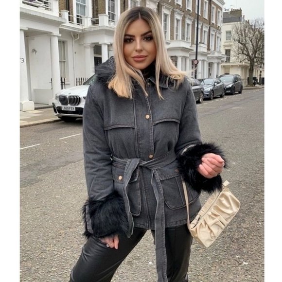 Shearling Lined Long Sleeve Denim Jeans Jacket with Detachable Fur Collar & Cuff - Picture 8 of 13